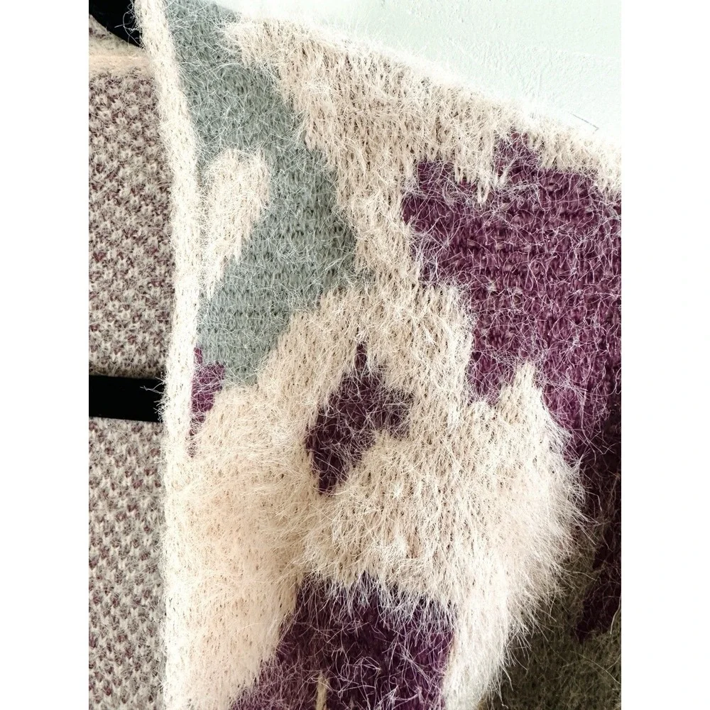 Umgee Boho Oversized Fuzzy‎ Knit Long Cardigan Sweater XL Pink Purple Abstract